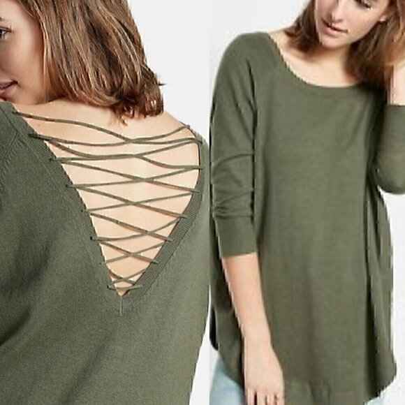 EXPRESS Lace Up Back Circle Hem Sweater Olive Green 3/4 Sleeve Lattice Cotton S - Picture 1 of 16